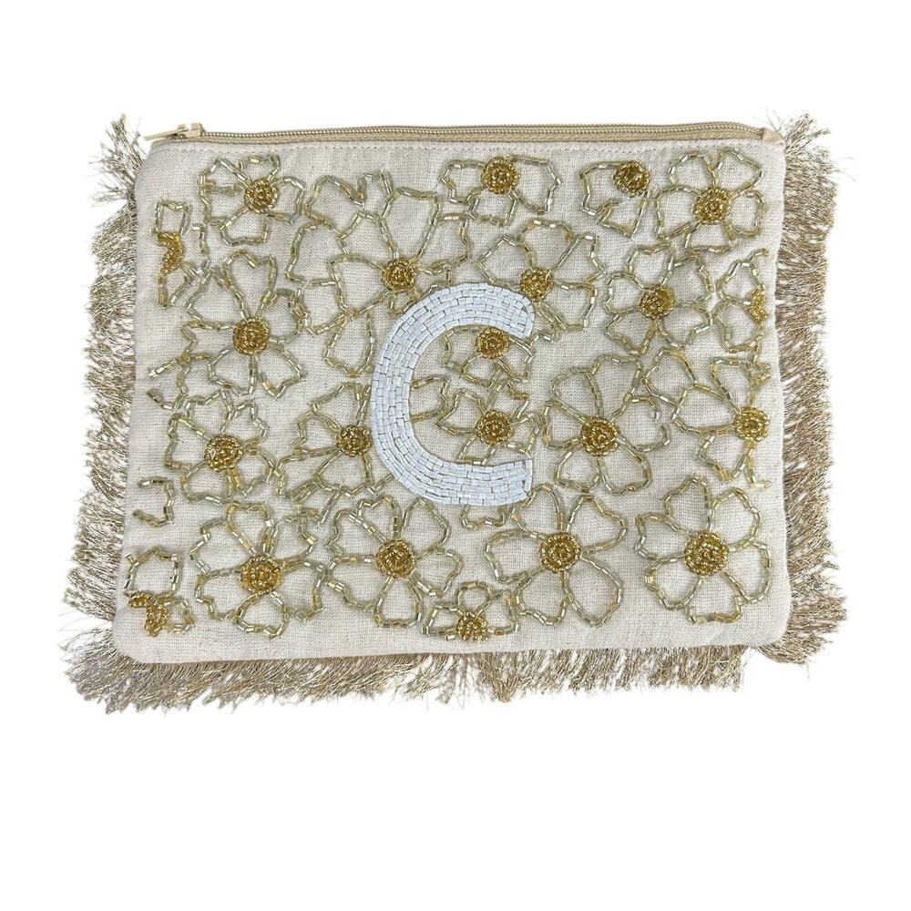 Cotton Bead Letter C Flowers Linen tassel fringe- mini zipper bag- tan gold zips